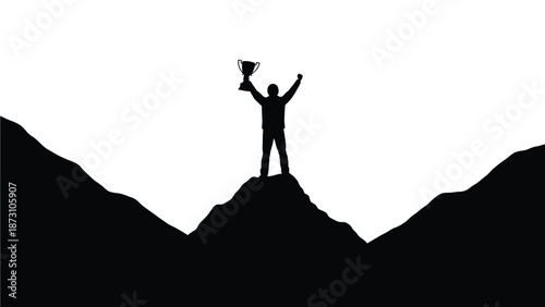 Silhouette of a person holding a trophy while standing on a mountain peak