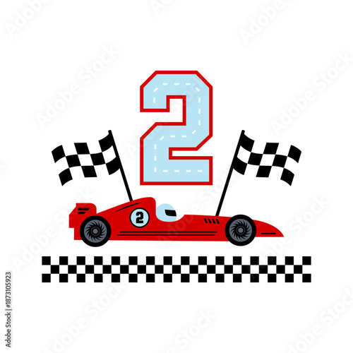 2nd birthday design logo, emblem for party, invitation, decor, T-shirt, room poster. Race car theme boy birthday. Red racing car, number 2 and checkered finish flags. Vector illustration.