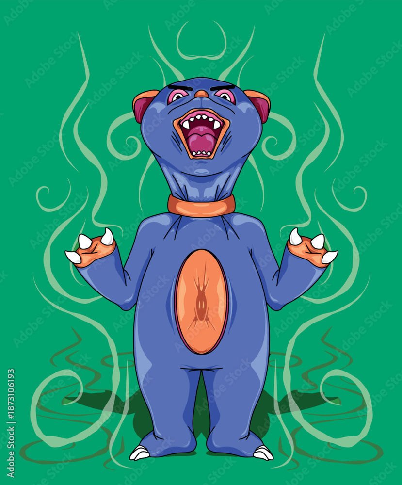 Obraz premium Angry Blue Raccoon Character Yelling with Steam. Expressive Cartoon Mascot for Kids, Game Design, Stickers or Social Media. Vector Illustration on Green Background.