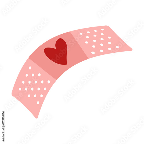 pink adhesive bandage with red heart, romantic medical plaster for broken heart