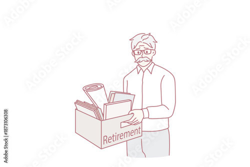 Getting retired at work concept. Sad mature man standing with belongings box and retirement lettering feeling frustrated and stressed vector illustration