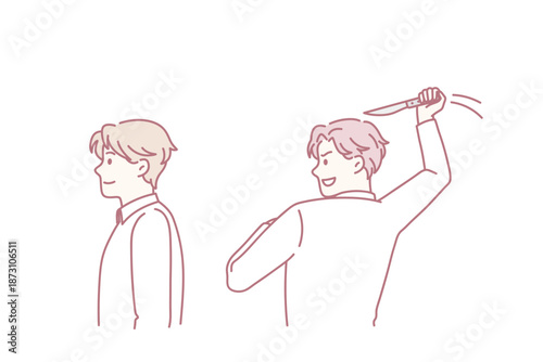 Betrayal and foul play concept. One man friend trying to kill another one with knife to back standing backwards making betrayal vector illustration