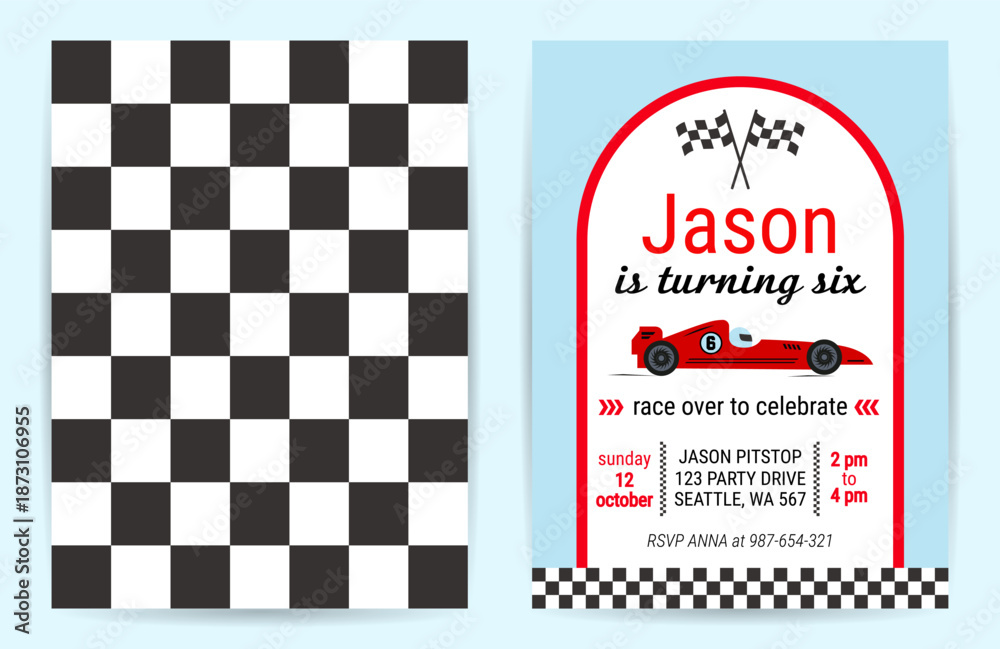 Fototapeta premium Birthday boy invitation card with race car. Vector birthday party theme template design. Cartoon illustration.