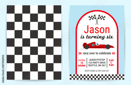 Birthday boy invitation card with race car. Vector birthday party theme template design. Cartoon illustration.