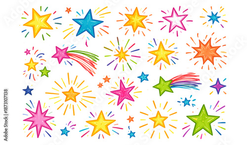 Collection of colorful hand-drawn stars and shooting stars with bright bursts