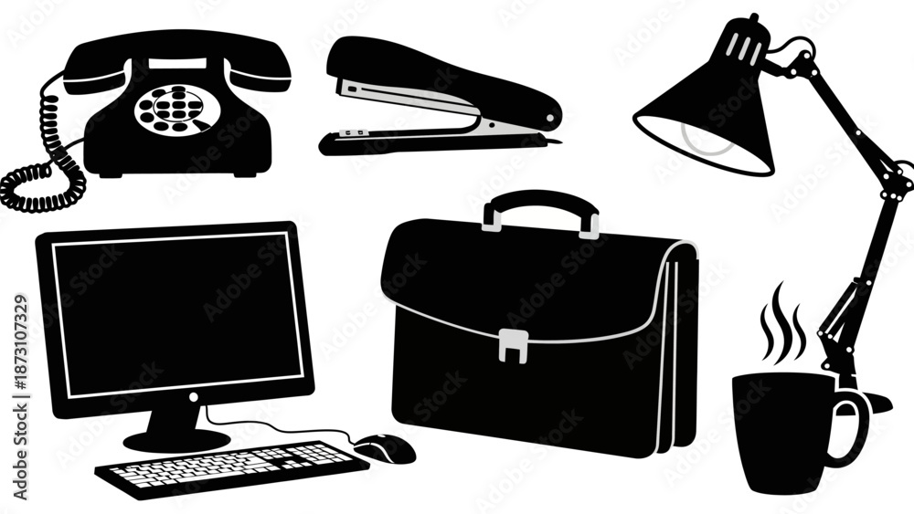 Αυτοκόλλητο Professional office equipment black silhouette icons set including classic rotar