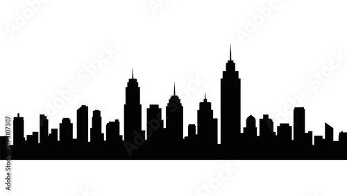 Horizontal black silhouette panorama of big city skyline with various skyscrapers modern architecture