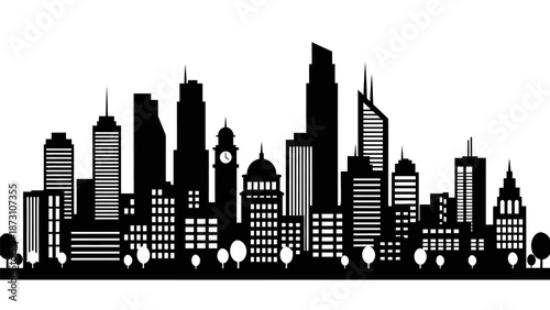 Urban cityscape silhouette vector illustration featuring tall buildings modern skyscrapers clock tower and residential structures depicting contemporary 