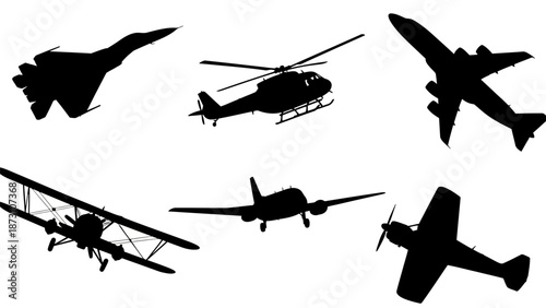 Collection of detailed air vehicle silhouettes including military fighter jets passenger airplanes helicopters biplanes and general aviation propeller aircraft set for 
