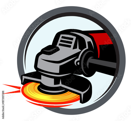 Powerful Angle Grinder with Sparks Flying from the Cutting Disc Enclosed in a Bold Circular Frame.