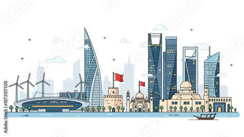 Modern City Skyline with Wind Turbines and Traditional Architecture