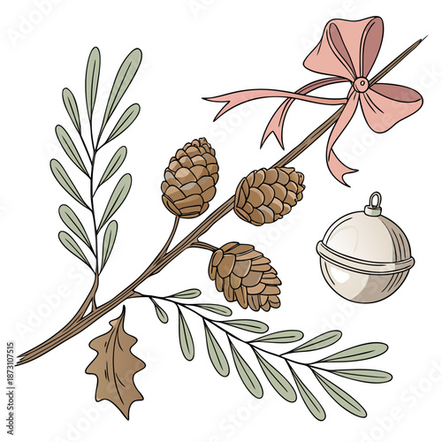 Festive Holiday Arrangement with Pine Cones Bow and Bell.