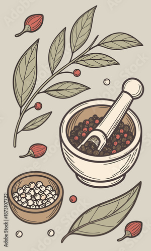 Herbal Medicine Preparation Mortar Pestle and Botanical Ingredients.