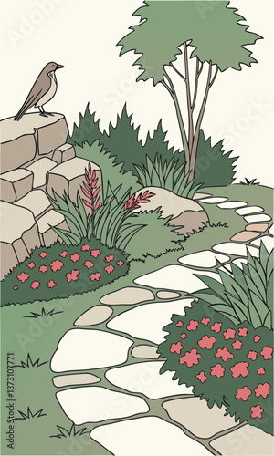 Illustration of a Serene Garden Path with Bird.