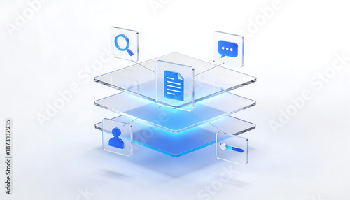 3d glass data layers and information management concept with glowing blue icons for document file search magnifying glass user profile chat message and interface setting toggle