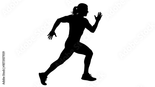 Black silhouette of female athlete runner sprinting in dynamic motion on white background representing speed strength and competitive spirit