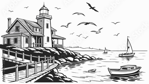 Seaside Lighthouse and Boats Black and White Illustration.
