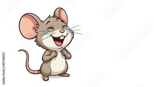 A delightful animated mouse character bursts into a fit of hilarious laughter, eyes closed in pure joy, embodying infectious happiness and cheerful amusement in a charming cartoon illustration