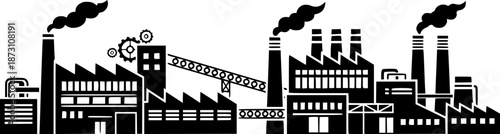 Industrial Factory Buildings Vector Illustration, Black and White
