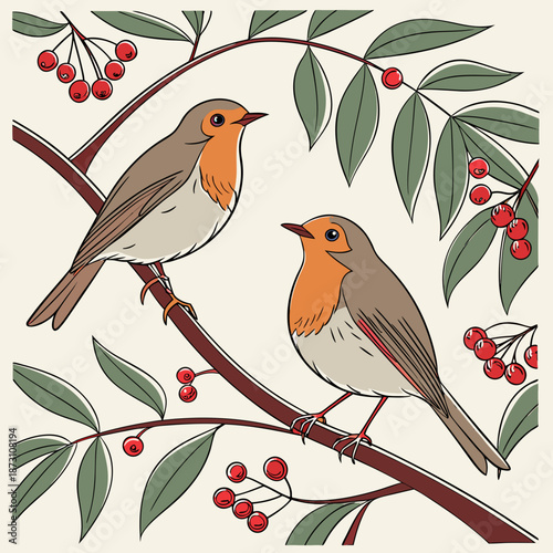 Two Robins Perched on Branches with Berries Illustration.
