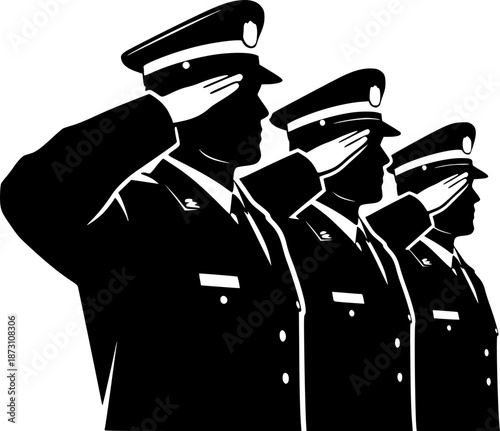 Silhouetted Soldiers Saluting in Uniform: Military Salute Illustration
