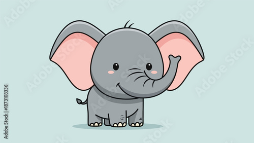 Adorable cartoon baby elephant with big ears and trunk smiling happily.