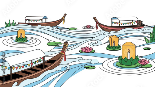 Thai Loy Krathong Festival Boats and Lanterns on Water