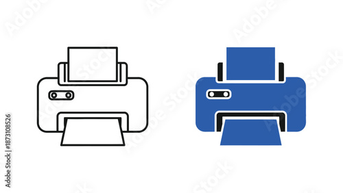 Collection of two distinct printer icons one solid blue and one black outline representing printing functions or office equipment setup