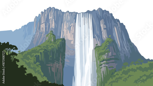 Majestic Waterfall Cascading Down Steep Cliffs in Lush Green Landscape