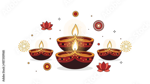 Diwali Lamps and Lotus Flowers on White Background