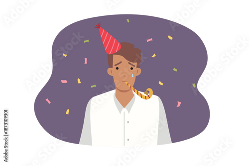 Upset man celebrates birthday alone and cries because of lack friends standing among falling candy. Sad birthday party for guy experiencing stress and depression after feeling old age is approaching