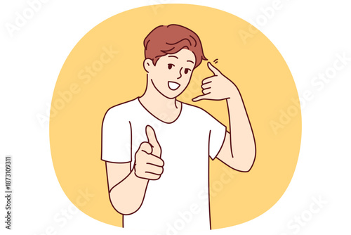 Man makes call me gesture and points finger at screen inviting you to dial support or sales agent. Guy says call me wants to get to know girl and offers to exchange contacts for further communication