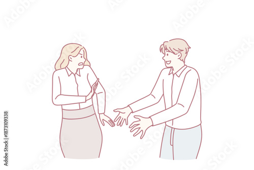 Personal distance and boundaries concept. Smiling positive man worker standing trying to touch female colleague with stressed face and pushing him hands vector illustration