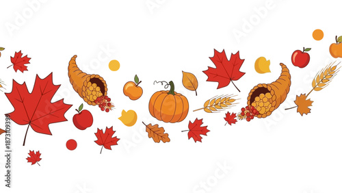 Autumn Harvest Border - Thanksgiving Cornucopia, Leaves, Pumpkin, Apples