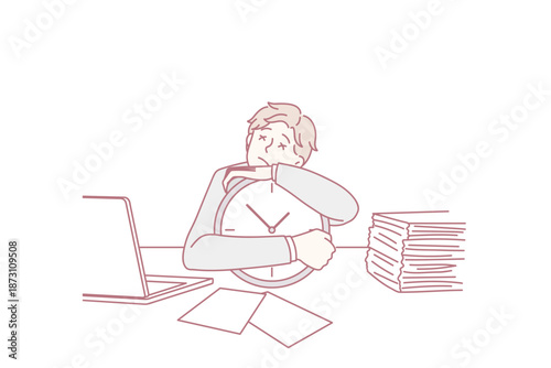 Sleepy worker and tiredness concept. Young man office worker sitting at laptop and papers embracing clock feeling sleepy having dreams sleeping vector illustration