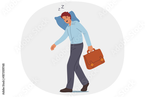 Tired business man sleeps on move, putting head on pillow and closing eyes due to extreme exhaustion. Tired manager needs rest to prevent burnout and exhaustion after difficult day at work.
