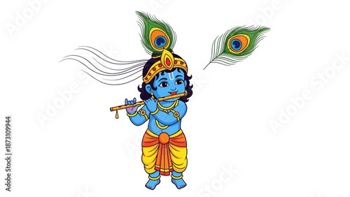 Baby Krishna playing flute with peacock feathers