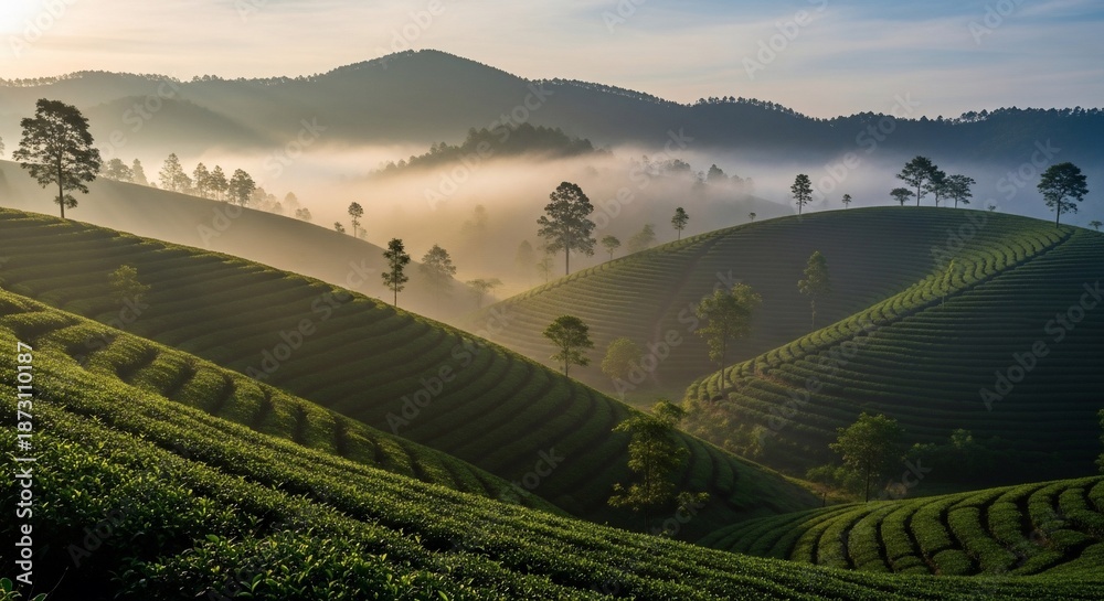 Obraz premium Serene Tea Plantation Hills at Sunrise with Mist, Green Terraces, and Distant Mountains.