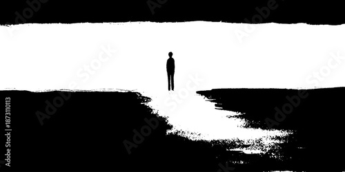 Silhouette of solitary figure on contrast landscape path