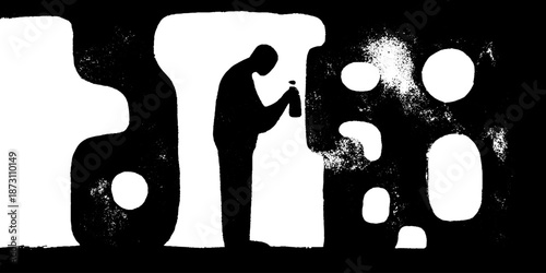 Silhouette of a lone figure in abstract black and white artwork