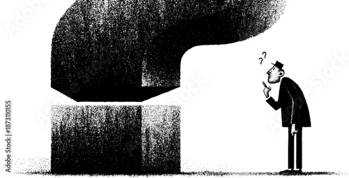 Curious male figure contemplating abstract sculpture in monochrome illustration