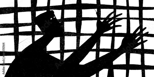 Abstract silhouette of person behind bars expressing confinement
