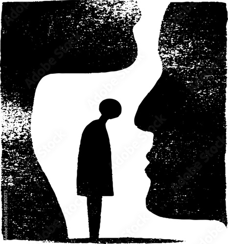 Abstract silhouette art: person facing profiles in black and white