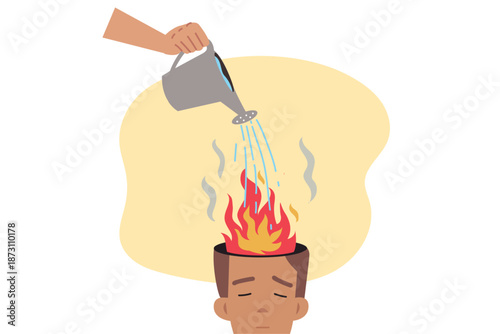 Treatment of burnout and psychological problems, for man with burning brain, using watering can with water. Problem of mental burnout causing stress and depression due to poor emotional health