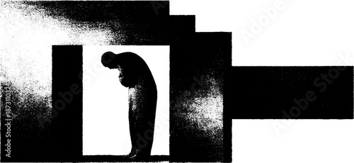 Silhouette of contemplative figure in abstract black and white composition