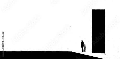 Silhouette of man and child facing large doorway in minimalistic space