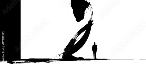 Silhouette of person facing abstract black brushstroke on white background