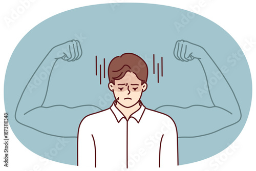 Frustrated man wants to get strong to have muscular arms with big biceps and needs help of fitness trainer. Frustrated businessman cries because of lack of determination and skills for career success