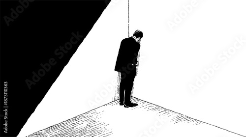 Monochrome illustration of a man in a corner feeling isolated and reflective