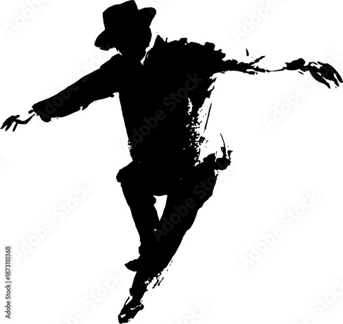 Silhouette of dancing male in hat with outstretched arms
